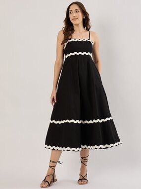 SIM & SAM BLACK/WHITE RIC RAC SL POPLIN MAXI DRESS